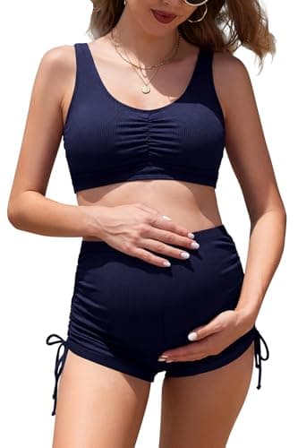 Image of SHEKINI Women's Maternity Swimwear Bikini Set V Neck Padded Bikini Top with Ruched Side Drawstring Bikini Bottom Boyshorts Navy Blue Large
