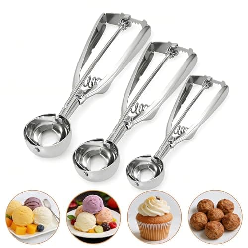 Image of 3PCS Ice Cream Scoop Set Stainless Steel with Trigger,Large (6CM) Medium (5CM) Small (4CM) Size Cookie Dough Scooper for Baking, Kitchen Portion Scoop Tool for Desserts Ice Cream (3 Sizes)