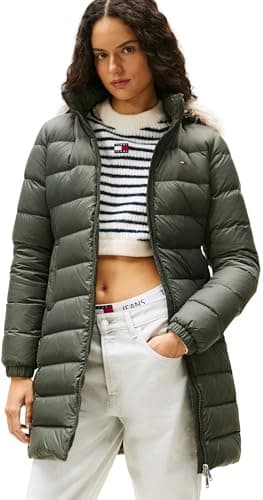 Image of Tommy Jeans Women's Essential Hooded Down Coat with Faux Fur, Green (Pewter Green), S