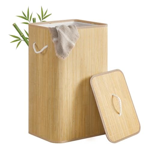 Image of SONGMICS Laundry Basket with Lid, 90 L Bamboo Storage Basket, Rectangular Laundry Hamper with Handles, Collapsible, Removable Machine-Washable Liner, Natural Colour LCB077YZ01