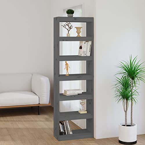 Image of SooIarix Grey Bookcase, Standing Shelf, Solid Pine Wood, 60 x 30 x 199.5 cm, Versatile Room Divider Cabinet for Living Room, Hallway, Office