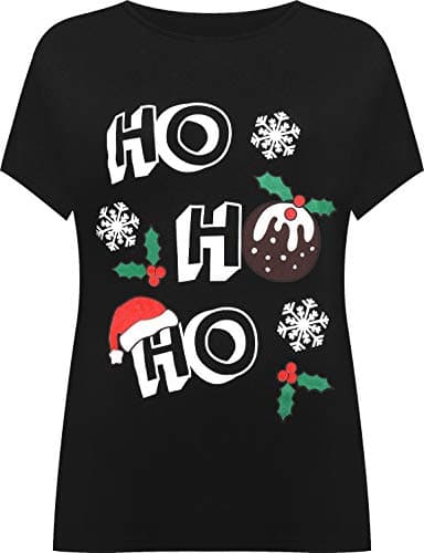 Image of WearAll Women's Plus Short Sleeve Holly Snowflake Christmas Print Long Top Ladies T-Shirt - Black - 22-24