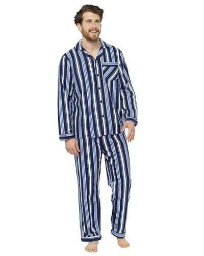 Image of kraftd Mens Pyjama Set Brushed Cotton Printed Flannel Traditional Nightwear Lounge Wear Striped/Checks 2 Piece Sleepwear Pjs