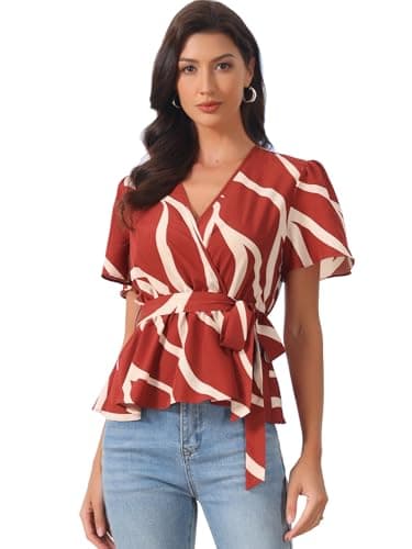 Image of Allegra K Printed Peplum Top for Women's Flutter Sleeves Elastic Waist Belt Wrap V Neck Blouse Dark Red M