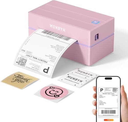 Image of MUNBYN Shipping Label Printer Bluetooth, Postage Thermal Label Printer 4x6 for Business, Compatible with Etsy, Shopify, eBay, Amazon, Royal Mail, DHL, DPD, Evri, with 25 Labels, 130B, Pink