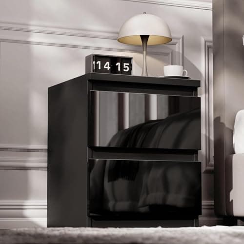 Image of Blisswood High Gloss Chest of Drawers 2 Drawer Bedroom Storage Unit with Metal Runners, Small Black Bedside Cabinet for Bedroom, Living Room, Nursery or Office Furniture 40D x 42W x 55H CM Black
