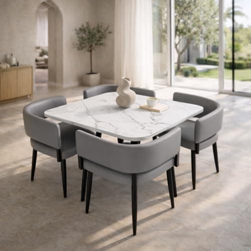 Image of Emirates Living Luxury Ceramic Marble 4 Seater Dining Table Set – Space Saving Square Table with Metal Legs & PU Leather Chairs for Kitchen & Dining Room(White & Grey)