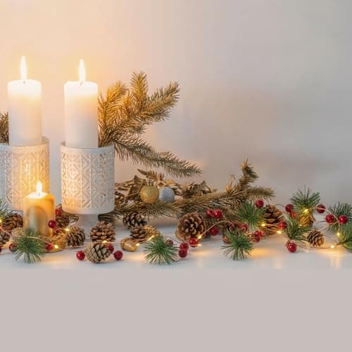 Image of Christmas Garland with Lights - Pine Cone, Pine Needle, Bells and Red Berry Garland with Lights Christmas Decorations for Fireplace or Xmas Table Decorations - Indoor Pre Lit Xmas Decor