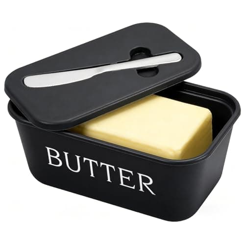 Image of Eastrise Butter Dish with Lid and Knife for Kitchen Countertop,Large Food Grade PP Butter Holder, Includes Stainless Steel Spreader, BPA-Free Container Keeps Butter Soft & Spreadable(Black)