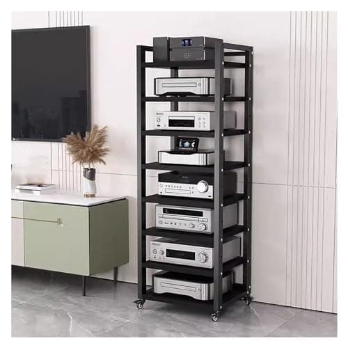 Image of High-Fidelity 8-Level Rolling Rack, Equint Heavy-Duty Open Shelf for DVD & Hi-Fi, 50cm Wide, Black - Sturdy Storage Solution for Audio Equipment and Media