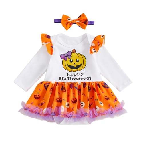 Image of HodJIU Newborn Baby Girl My First Halloween Costume Outfit Ruffle Long Sleeve Romper Princess Dress Tutu Skirt Pumpkin Skull Ghost Print Clothes Headband 2pcs Set (White Happy Halloween, 9-12 Months)