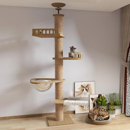 Image of Mekidulu Floor to Ceiling Cat Tree,5 Level Adjustable Height Climbing Tower with 11CM Thickened Scratching Posts, Fully Wrapped with sisal Rope,Cat tower with Transparent Capsule and Cat Hammock(T04)