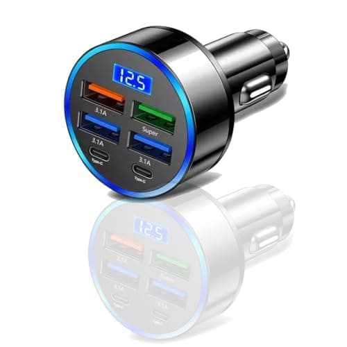 Image of 6 in 1 USB C Car Charger Adapter, 66W Super Fast Charging Cigarette Lighter USB Charger Socket 12-24V with LED Voltmeter for iPhone iPad Android Samsung Galaxy