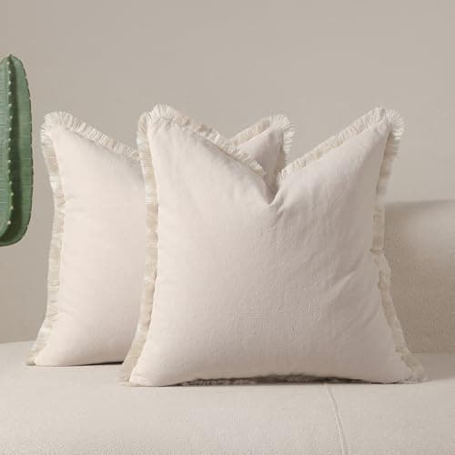 Image of LOHDALOLF Beige Boho Cushion Covers with Tassels 45x45 cm Set of 2 Cream Fringe Cushion Cases Farmhouse Decorative Pillow Covers for Sofa Couch Bed Neutral Decor
