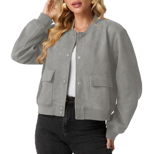 Image of GRECERELLE Womens Bomber Jacket Long Sleeve Crop Casual Smart Biker Vintage Classic Work Shacket Coat for Ladies with Snap Buttons, Two Pockets, Elastic Cuffs and Hem (Grey, XXL)