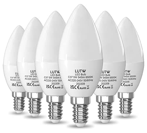 Image of LUTW E14 LED Light Bulb Cool White, 40W SES Bulb Equivalent Candle Bulb, 5W 545lm 6500K 160°Beam Angle C37 Screw Light Bulbs, Non-dimmable, Pack of 6