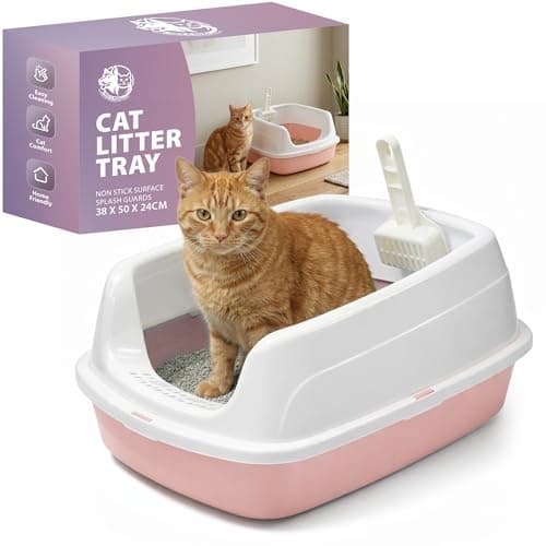 Image of Rex & Roxy Cat Litter Tray | Litter Tray With Scoop | Cat Littering Box | Kitten Littering Trays With Open Top, Large Trays With Detachable Rim, Non Stick Surface, Splash Guards | 50x38x24cm (Pink)