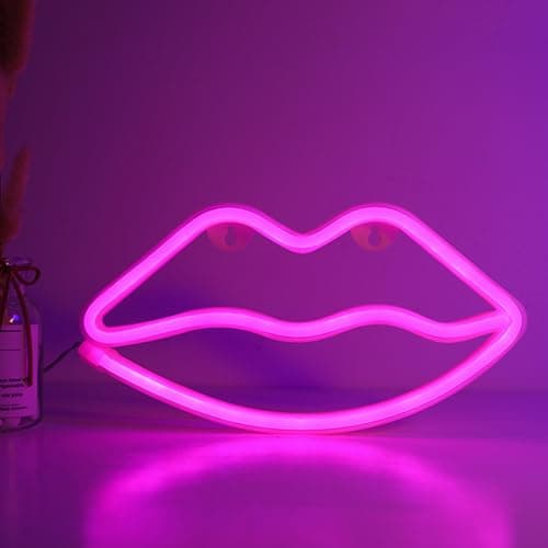Image of ENUOLI LED Lips Neon Light Sign Wall Light Battery/USB Operated Light Blue Art Decorative Neon Lights Signs for Walls Light up Signs for Bedroom Walls Party(Pink)
