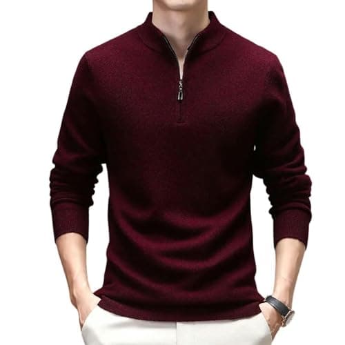 Image of JUWTEEI Men's Turtleneck Jumpers Men's 1 4 Zip Thickened Mock Neck Knitted Sweater For Middle-aged In Autumn & Winter-red-2xl