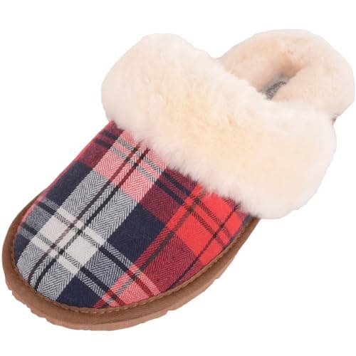 Image of SNUGRUGS Esme Womens Open Back Check Sheepskin Mule Slipper with Cuff - Red - UK 5