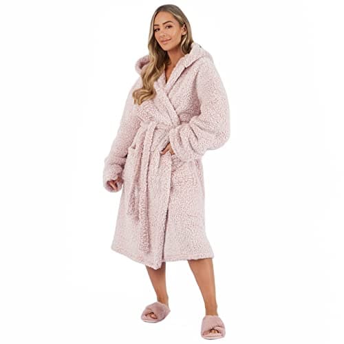 Image of Brentfords Dressing Gown Womens Teddy Marl, Mothers Day Gifts Bathrobe with Hood & Pockets Soft Warm Comfy Luxury Oversized Fluffy Ladies Dressing Gowns, Blush Pink One Size