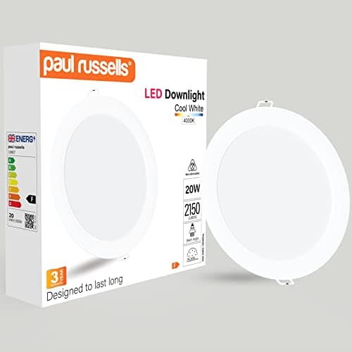 Image of paul russells LED Ceiling Downlights, 20W Slim Recessed Bathroom Downlights, Kitchen Ceilings, 2150 Lumens, 4000K Cool/Natural White, Cutout 170-180mm, Round Non-Dimmable Panel Spotlights, 1 Pack