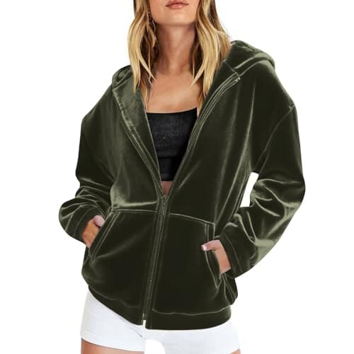 Image of Zeiayuas Ladies Velvet Hoodies Zip up Oversized Winter Warm Fleece Coat Women Casual Loose Fit Jackets with Pockets Fuzzy Fluffy Hooded Sweatshirt Teddy Faux Fur Hoodies Blanket Army Green