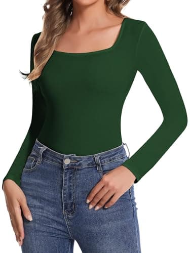 Image of SHAPERIN Women Long Sleeve T-Shirt Elegant Square Neck Top Blouse Plain Stretchy Shirt Casual Tee, Dark Green, S