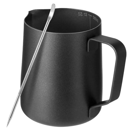 Image of Milk Jug with Latte Decorating Art Pen,Black Teflon Coating 350ml/12oz 304 Stainless Steel Milk Frother Pitcher Cup,Metal Barista Accessories for Coffee Machine