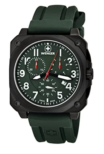 Image of wenger Men's Aerograph Cockpit Chronograph Watch 77011 with Square Case and NATO Green Dial and Strap