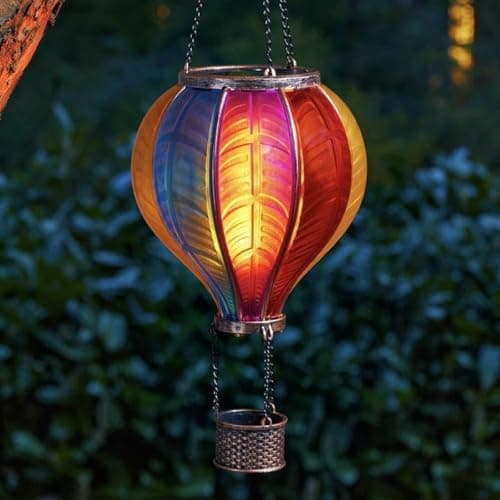 Image of Festive Lights - 45cm Solar Hot Air Balloon Lantern – Rainbow Stain Cool Fiesta Multicolour Glass Effect Hanging Garden Light with Realistic Flame LED, Outdoor Solar Lantern with Handle