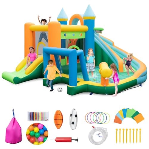 Image of GYMAX Inflatable Water Park, 10 in 1 Kids Bouncy Castle with 2 Slides, Climbing Wall, Water Cannon, Basketball, Football, Ocean Balls & Colorful Rings, Children Jumping House for 3-10 Years Old