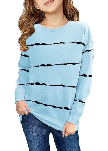 Image of Haloumoning Sweatshirt Girls Striped Crew Neck Kids Pullover Casual Long Sleeve Tops, Sky Blue, 6-8 Years