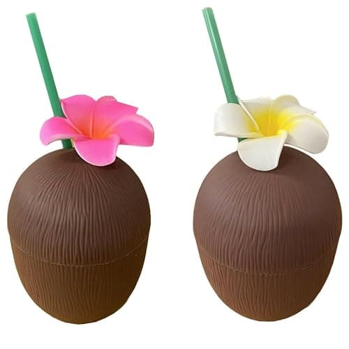 Image of Lizzy Reusable Coconut Cup with Reusable Straw | 2 Pcs Pink, White Hawaiian Summer Cup Tropical Cocktail Party Drinking Cups Pool Parties,Summer, Hawaiian Themed Party Decorations