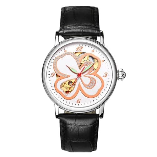 Image of RORIOS Women's Automatic Mechanical Watch Luminous Simulated Diamond Skeleton Ladies Watches, Black Clover B, Strap