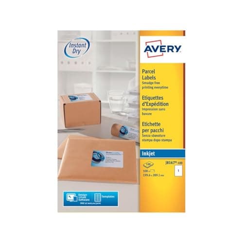 Image of Avery Printable, Customisable Parcel Shipping Labels, Inkjet Printers, 1 Label Per A4 Sheet, 100 Labels, Quickdry (J8167), White