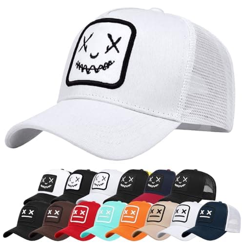 Image of Enwokran Baseball Cap Mens Quirky Bizarre Embroidery Hats Unisex, Hip Hop Trucker Caps Adjustable Mesh Back UPF 50+ UV Protection Summer Sun Hat Sports Cap (Z_White)