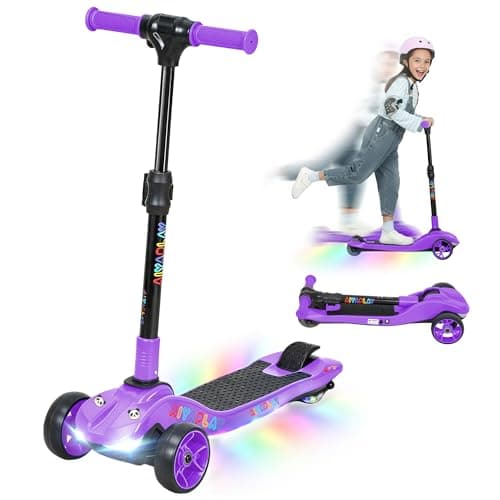Image of AIYAPLAY Electric Scooter for Kids, 3 Wheel Foldable Kids Scooter for Age 6-10 with 4 Levels Adjustable Height, LED Lights, Up to 6km/h, Maximum Range 8km, 4.8kg Lightweight for Boys and Girls, Purple