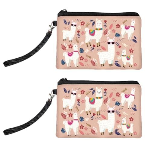 Image of Peacoblue Original Designs Coin Purse for Women Alpaca and Flowers 2 Packs Change Purse with Zipper, Durable and Soft Canvas Wallet Pouch for Travel, Gift