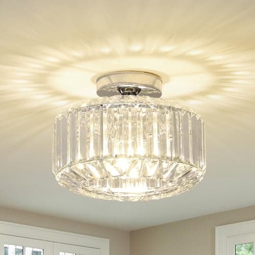 Image of Rayofly Crystal Ceiling Lights Living Room, Modern Crystal Chandeliers Ceiling Light, Chrome Ceiling Light Fitting with Glass Lampshade Semi Flush Ceiling Lights for Bedroom, Kitchen, Hallway, Office