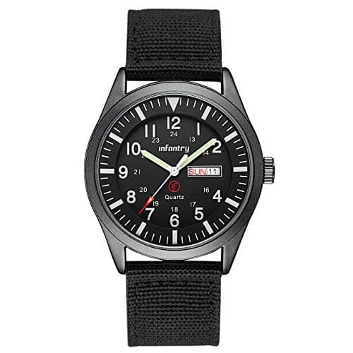 Image of Infantry Mens Military Army Watch - Gents Black Analogue Tactical Wristwatch, 12/24 Hour Military Time with Day Date, 5ATM Waterproof Outdoor Work Watch, Black Nylon Strap
