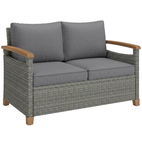 Image of Outsunny 2 Seater Rattan Garden Sofa, Outdoor Sofa with Thickened Cushions and Acacia Wood Armrests, All Weather Small Rattan Garden Furniture Loveseat for Patio, Balcony, Porch, Dark Grey