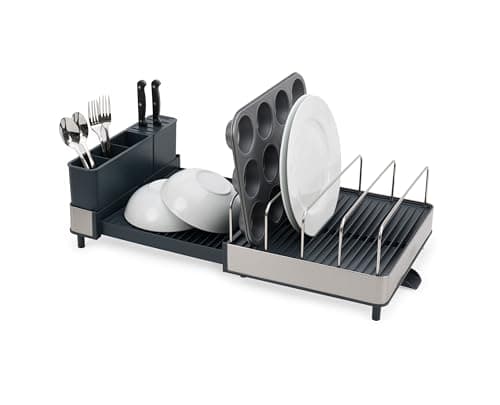 Image of Joseph Joseph Extend Max Steel Expanding Dish Drainer Rack, With High Capacity Large For Items, Cutlery And Knife Holder, Swivel Draining Spout, Stainless Steel