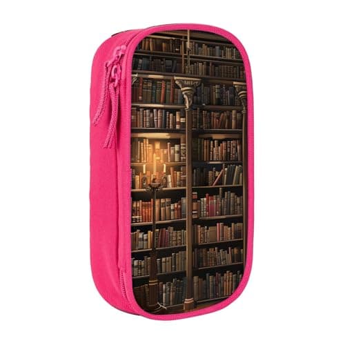 Image of kkvhhyuo Book Room Mysterious Library Print Large Pencil Case, Zip Smooth Pencil Pouch for Girls Boys with 2 Compartment Multifunctional Pencils Bag for School Office Travel Makeup Bags, Pink