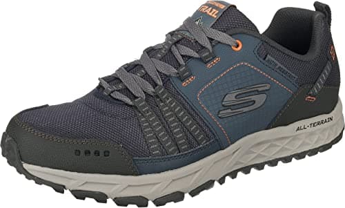Image of Skechers Men's Escape Plan Trekking Low Cut, Navy Leather/Mesh/Orange Trim, 9 UK
