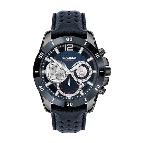 Image of Sekonda Solo Mens Watch – 44mm Sport Chronograph Watch for Men with Dark Blue Leather Strap, Date Window and Fixed Bezel – 50m Water Resistant – 2 Year Warranty