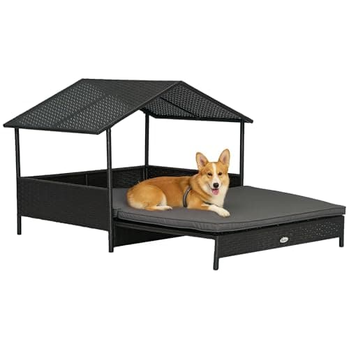 Image of PawHut Rattan Dog House, Extendable Outdoor Wicker Dog Bed w/Water-Resistant Roof, Removable Cushion, for Small and Medium Dogs - Grey