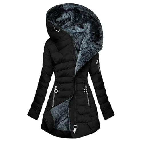 Image of Winter Jackets for Women UK Parka Winter Coats Quilted Padded Jackets Down Puffer Coats with Fur Hood Plus Size Mid-lenght Trench Coat Zipper Long Sleeve Warm Windproof Hiking Overcoat with Pockets