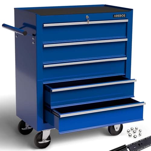 Image of Arebos Workshop trolley 5 compartments | Tool Cabinet on Wheels | Tool Chest | with 5 Drawers | Lockable| incl. anti-slip mats | 2 castors with parking brake (blue)