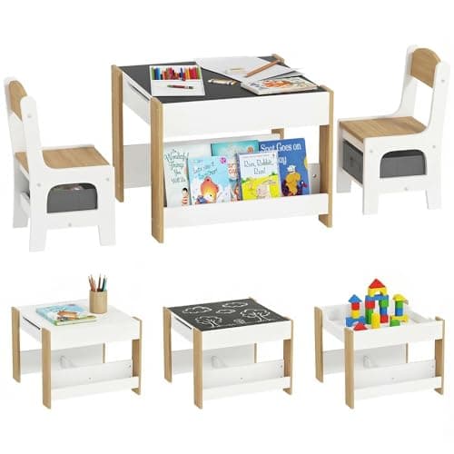 Image of HOMCOM 3 Piece Kids Table and Chair Set, 3 in 1 Design Kids Desk and Chair Set with Blackboard, Storage, Bookshelves, for Nursery, Playroom, Classroom - Natural Wood